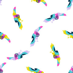 Seamless Pattern of Abstract Flying Toucan Birds with Vibrant Pop Art Colors. Modern Artistic Tropical Toucan Vector Illustration