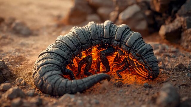 Fiery Lava Worm Creature Coiled on Volcanic Ash Ground with Glowing Orange Molten Core