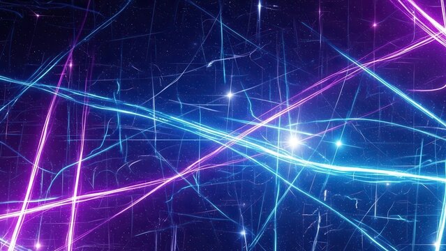 A complex 3d abstract illustration of glowing neon blue and magenta light trails interconnecting across a dark digital void, representing high-speed data transmission. - Powered by Adobe