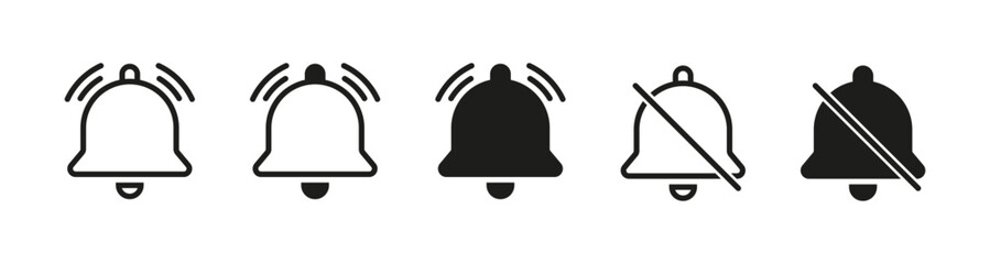 notification bell icons set showing active, ringing, filled, and muted states or options for modern UI and app interfaces.