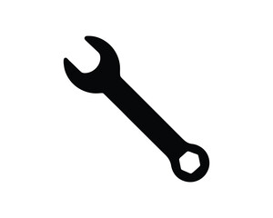 Black silhouette of an open-ended wrench on a white background Keywords: wrench, tool, spanner, hardware, equipment, mechanical, engineering