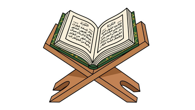 Open Islamic holy book Quran resting on a wooden rehal book stand, isolated vector illustration, concept for Islamic education, Ramadan celebration and spiritual guidance