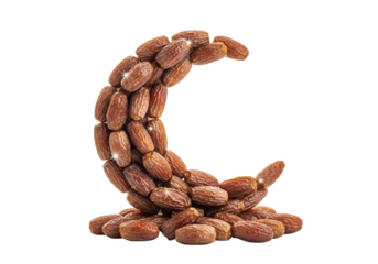 almonds arranged in a crescent shape on white background