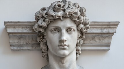 A marble bust of a youthful figure with curly hair, set against a marble mantelpiece, capturing classical sculptural detail and expression.
