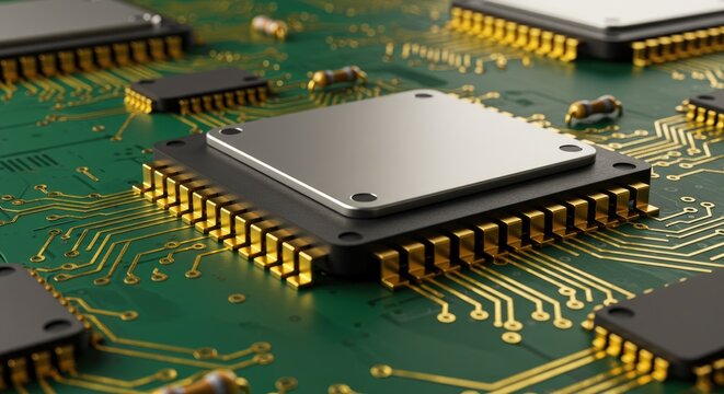 A close-up view of a green circuit board with gold connectors and microchips