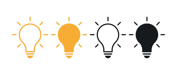 Light bulb icon set. creative good idea logo. innovative idea icon sign in outline and solid styles, yellow and black versions symbolizing ideas, creativity, and innovation for UI design.