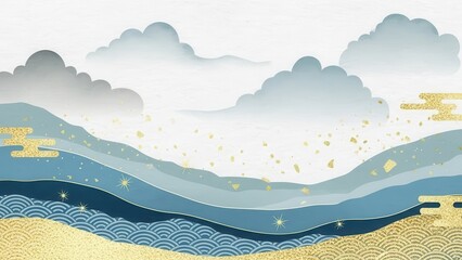 A serene, layered digital illustration featuring flowing blue waves and stylized clouds, enhanced by elegant golden accents in a traditional japanese paper-cut style.