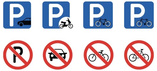 Parking signs for car, motorcycle, and bicycle, no parking prohibition symbols, traffic control, urban mobility, and vector illustration.
