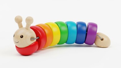 A brightly colored, cheerful wooden caterpillar toy with segmented rainbow rings is cleanly rendered and isolated on a pure white studio background.