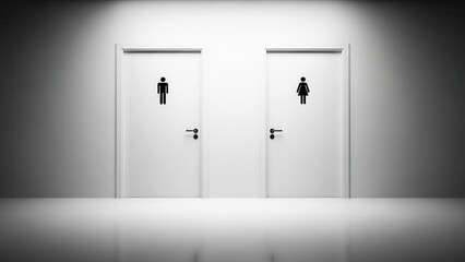 A dramatic spotlight illuminates two clean, modern white restroom doors marked male and female, creating a stark black and white choice in a minimalist 3d rendered interior.