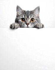 Fototapeta premium A close-up studio shot of a fluffy gray tabby cat peeking over a blank white surface, featuring bright orange eyes