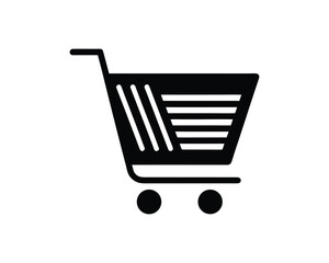 Solid black shopping cart icon with wheels and handle on white background trolley commerce
