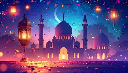Mosque at Night with Lanterns and Crescent Moon.
