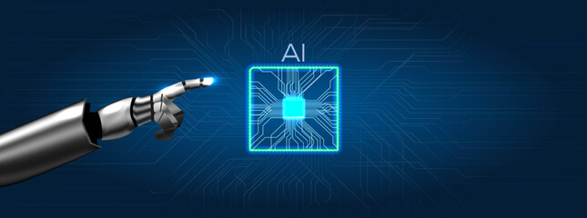 A robot hand is reaching towards a brightly lit chip labeled AI. The background shows a blue color with circuit patterns. This scene shows a connection between robotics and artificial intelligence.