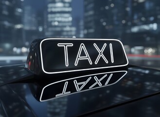 Glowing "TAXI" Sign on Car Roof in Urban Night with Blurred City Background