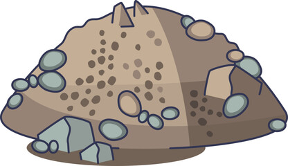 Illustration of glacial till, a mound of unsorted sediment. It shows a mix of soil, pebbles, and rocks, representing the geological debris left by glaciers.