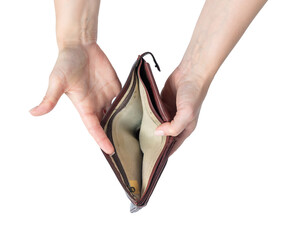 Open empty wallet in female hands on transparent background. Symbol of no money, economic hardship, financial troubles, or personal debt concept.