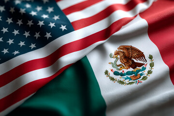 National flags of USA and Mexico representing geopolitical friction and rivalry.