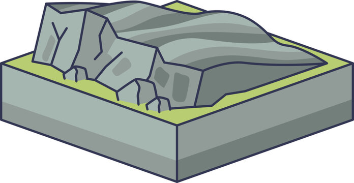 Isometric diagram of a Roche Moutonn&eacute;e, a glacial landform. It shows a smooth stoss side and jagged lee side, illustrating rock abrasion and plucking caused by moving ice sheets.