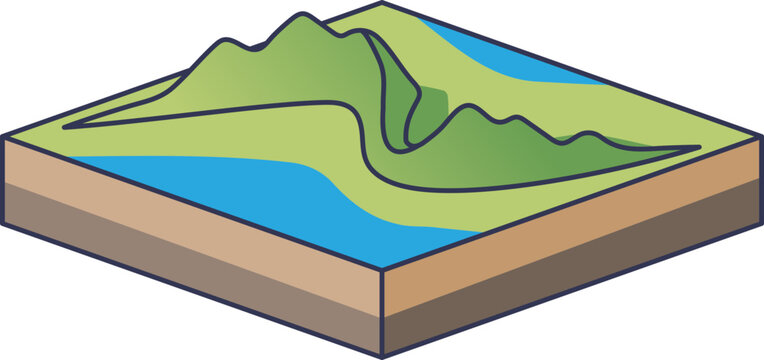 Isometric landscape showing a green ridge and water, symbolizing geological formations. It represents the natural topography and land development potential central to EskerRidge.