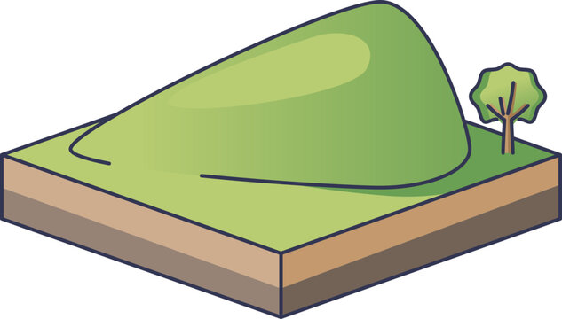 Isometric view of a green drumlin hill and tree on a soil plot. It represents natural growth, geological heritage, and sustainable land development for DrumlinHill.