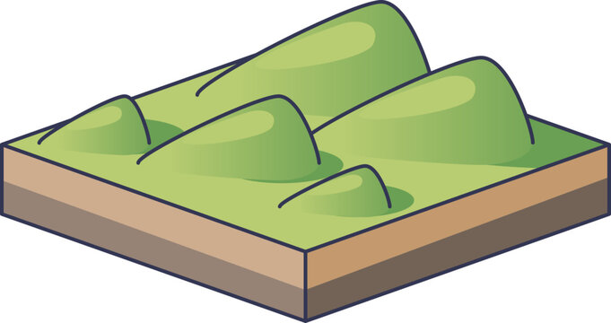 Isometric view of a drumlin swarm, depicting rolling green hills on a soil cross-section. It symbolizes geological terrain modeling and the natural formation of glacial landscapes.
