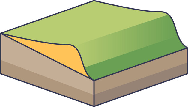 3D cross-section of a loess deposit showing wind-blown silt accumulation. Features a green surface, yellow loess layer, and brown bedrock, illustrating geological stratification.