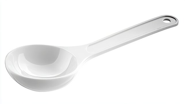 The image features a white plastic measuring spoon on a transparent backdrop
