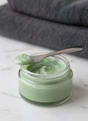 Green facial cream or mask in glass jar with metal spatula on white marble for skincare