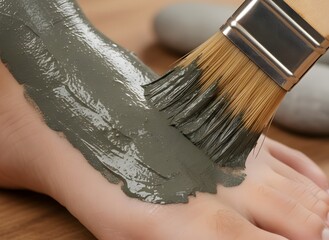 Close-up of a brush applying a natural clay mud mask to a person's foot during a spa wellness treatment
