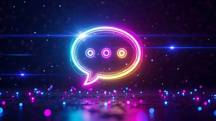 A vibrant neon speech bubble with glowing eyes in a dark space background