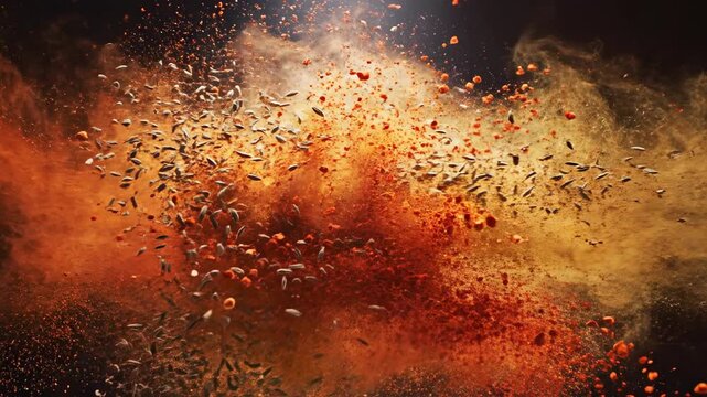 Abstract close-up rotation of finely ground paprika dust slowly swirling and merging with cumin powder against a dark moody background brown powder, cooking, design element