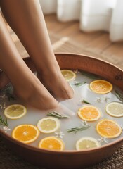 Female feet soaking in a relaxing foot bath with lemon, orange slices, rosemary, and white flowers in a rustic copper basin.