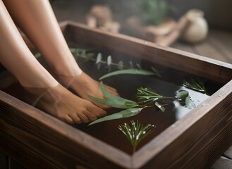 Close-up of feet soaking in a wooden foot bath with eucalyptus leaves and rosemary for relaxation and natural wellness