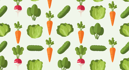 Fototapeta premium Colorful vegetables pattern design with carrots cucumbers radishes and lettuce.