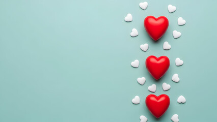 Three red hearts surrounded by smaller white hearts on a light blue background
