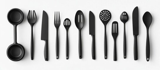The collection of kitchen utensils and cutlery icons includes a variety of items like knives, forks, spoons, spatulas, and whisks, suitable for use in culinary, cooking, and restaurant design