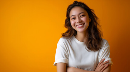 Confident young Asian woman smiling, standing isolated on background, positive attitude visualization, self-assurance concept, healthy confidence representation, empowerment aesthe