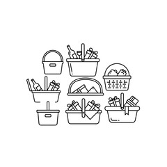 Assorted Gift Baskets and Picnic Baskets Set, Line Art Icons