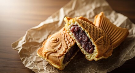 Delicious Red Bean Paste Filled Fish Shaped Pastry Served on Brown Paper