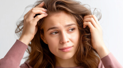 Fototapeta premium Young woman worrying about thin hair, hair fall visualization, alopecia concern concept, beauty problem representation, dermatology health issue, follicle weakness aesthetic, with 