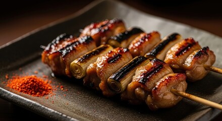 Savory Japanese yakitori skewers grilled chicken and green onions with glaze, served on a dark plate alongside red chili powder for a delicious meal