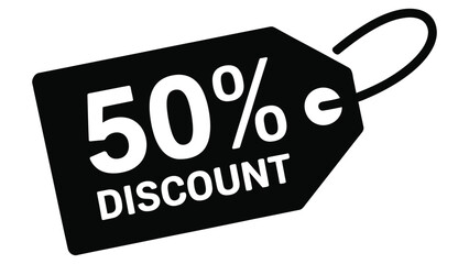 black price tag with 50 percent discount text showing sale promotion, special offer, retail marketing and shopping concept in flat style
