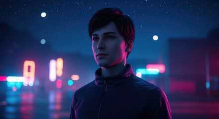 A young man standing in a neon-lit cityscape at night with a contemplative expression