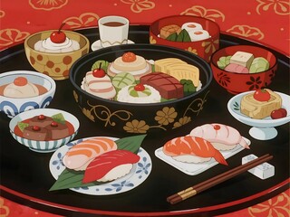 Famous Seasonal and Special Dishes. Osechi-Ryori Japan
