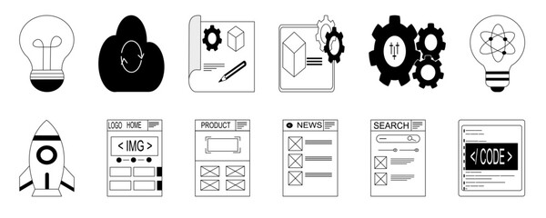 Startup and innovation concept with rocket launch, idea bulb, prototyping, UX wireframe, coding, gear setting, innovation lab, and cloud sync. Modern digital business and technology solution.