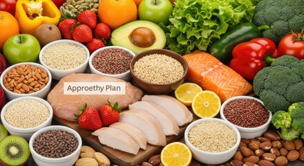 A vibrant arrangement of fruits, vegetables, nuts, seeds, and lean proteins on a wooden cutting board