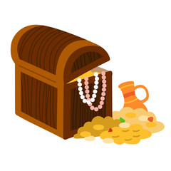 Treasure chest with gold coins, jewelry and precious items. Flat vector illustration isolated on white background. Pirate element for children stories, adventure projects and game assets