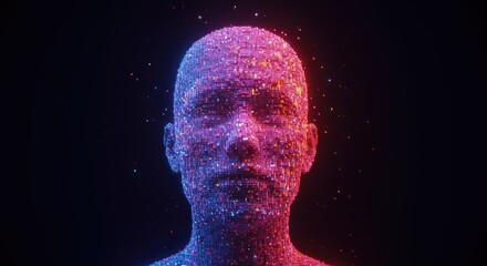 A human head made of small, glowing particles in shades of blue, pink, and purple, against a dark background