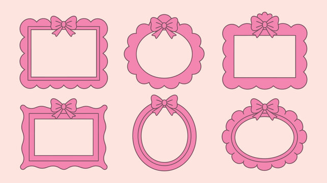 Pink photo frames with bows for girls, baby, and kids&rsquo; room decor, nursery decoration, playful design, and cute wall art illustration.